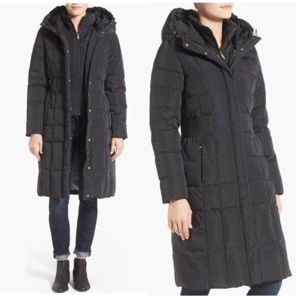 NWT Cole Haan Signature 40" Hooded Taffeta Down Coat M Black Quilted Feather Bib - Picture 1 of 14